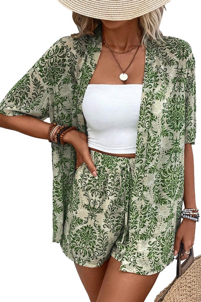 Green Bohemian Floral Print Two-Piece Short Set