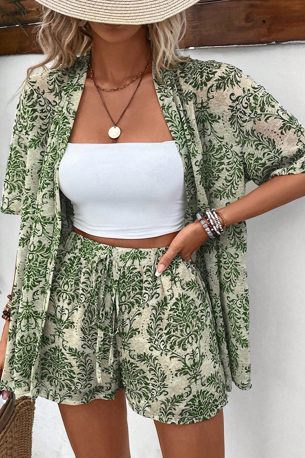 Green Bohemian Floral Print Two-Piece Short Set