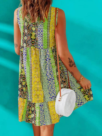 Green Bohemian Floral Ruffle Sleeveless V Neck Mini Dress