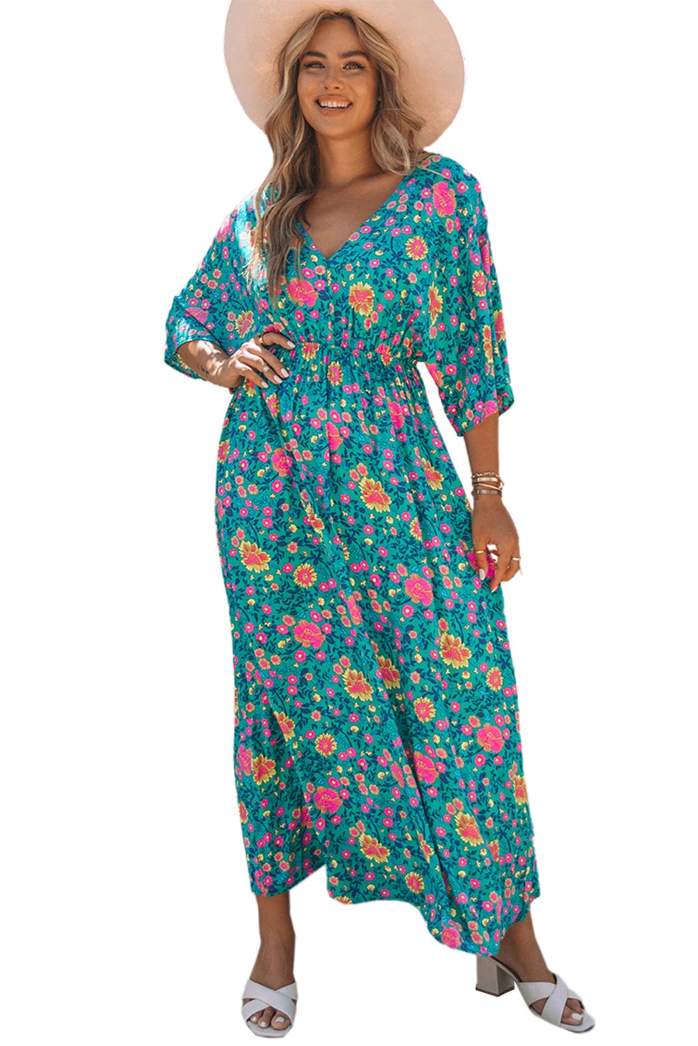 Green Boho Princess Floral Maxi Dress