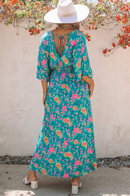 Green Boho Princess Floral Maxi Dress