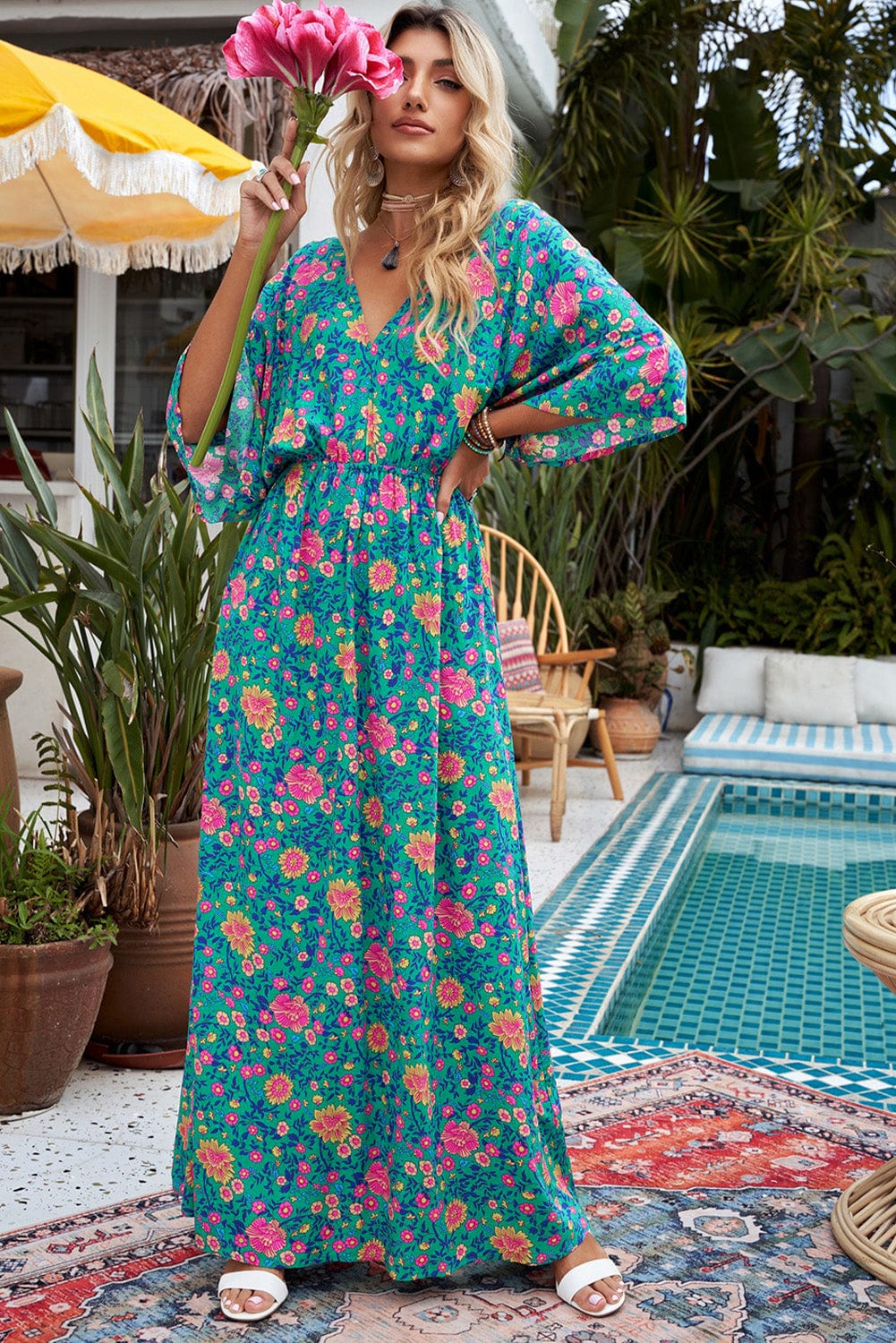 Green Boho Princess Floral Maxi Dress