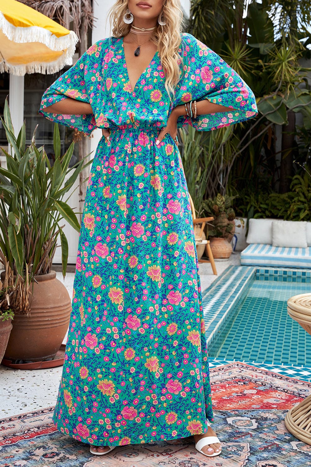 Green Boho Princess Floral Maxi Dress