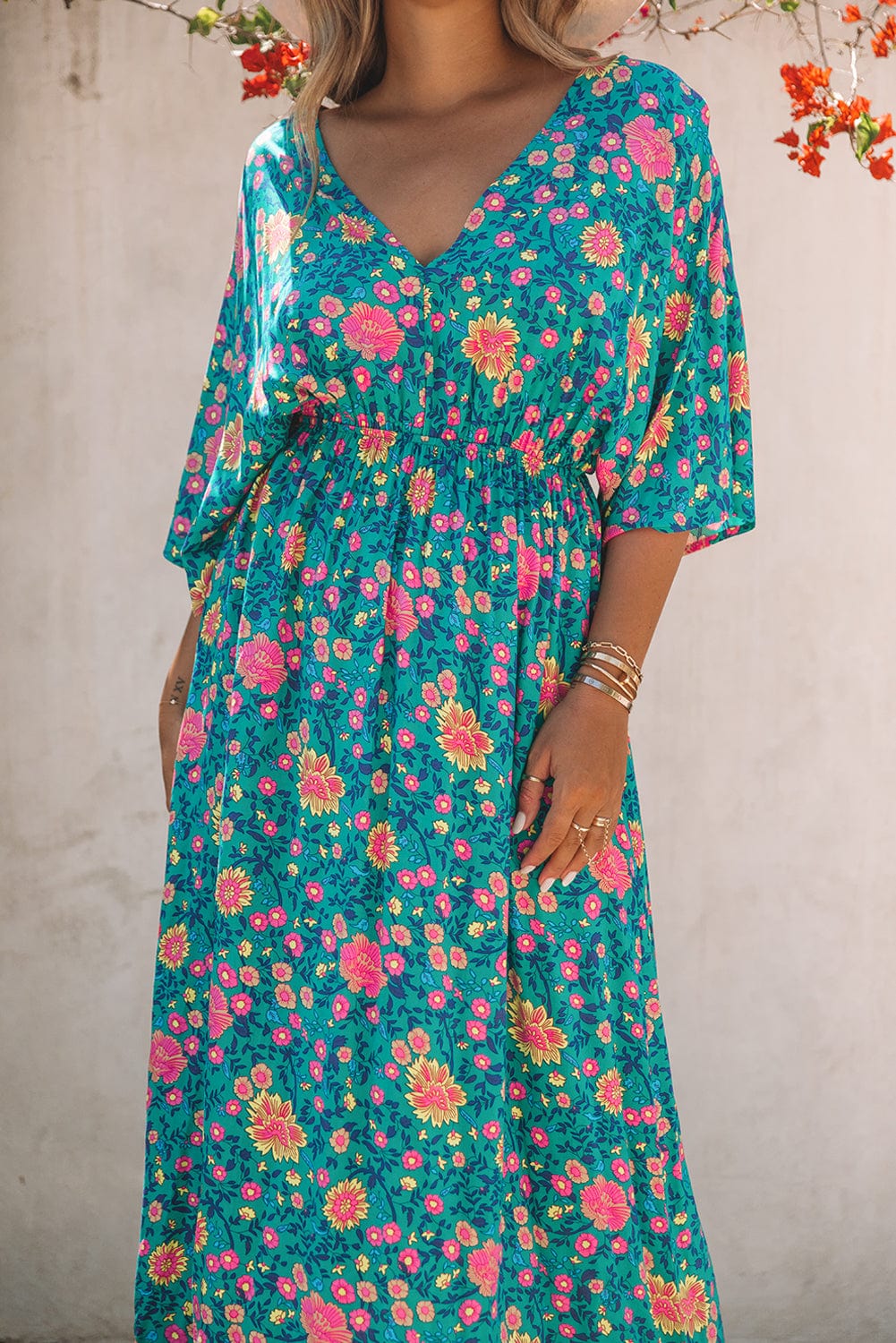 Green Boho Princess Floral Maxi Dress