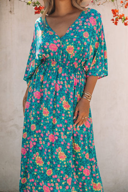 Green Boho Princess Floral Maxi Dress