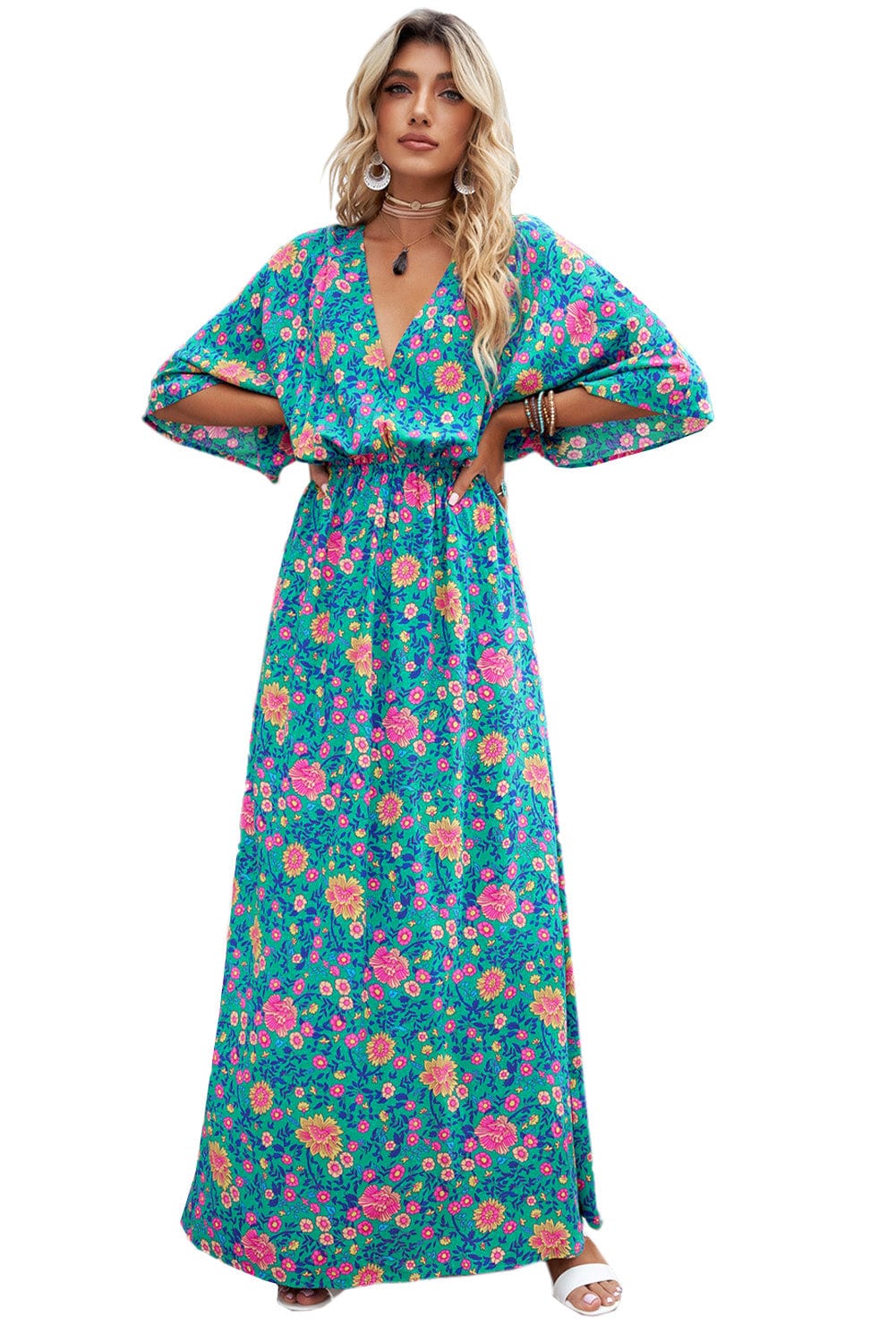 Green Boho Princess Floral Maxi Dress