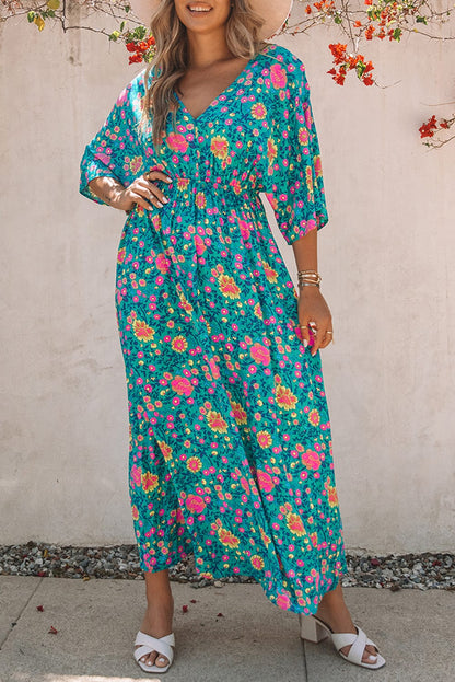 Green Boho Princess Floral Maxi Dress