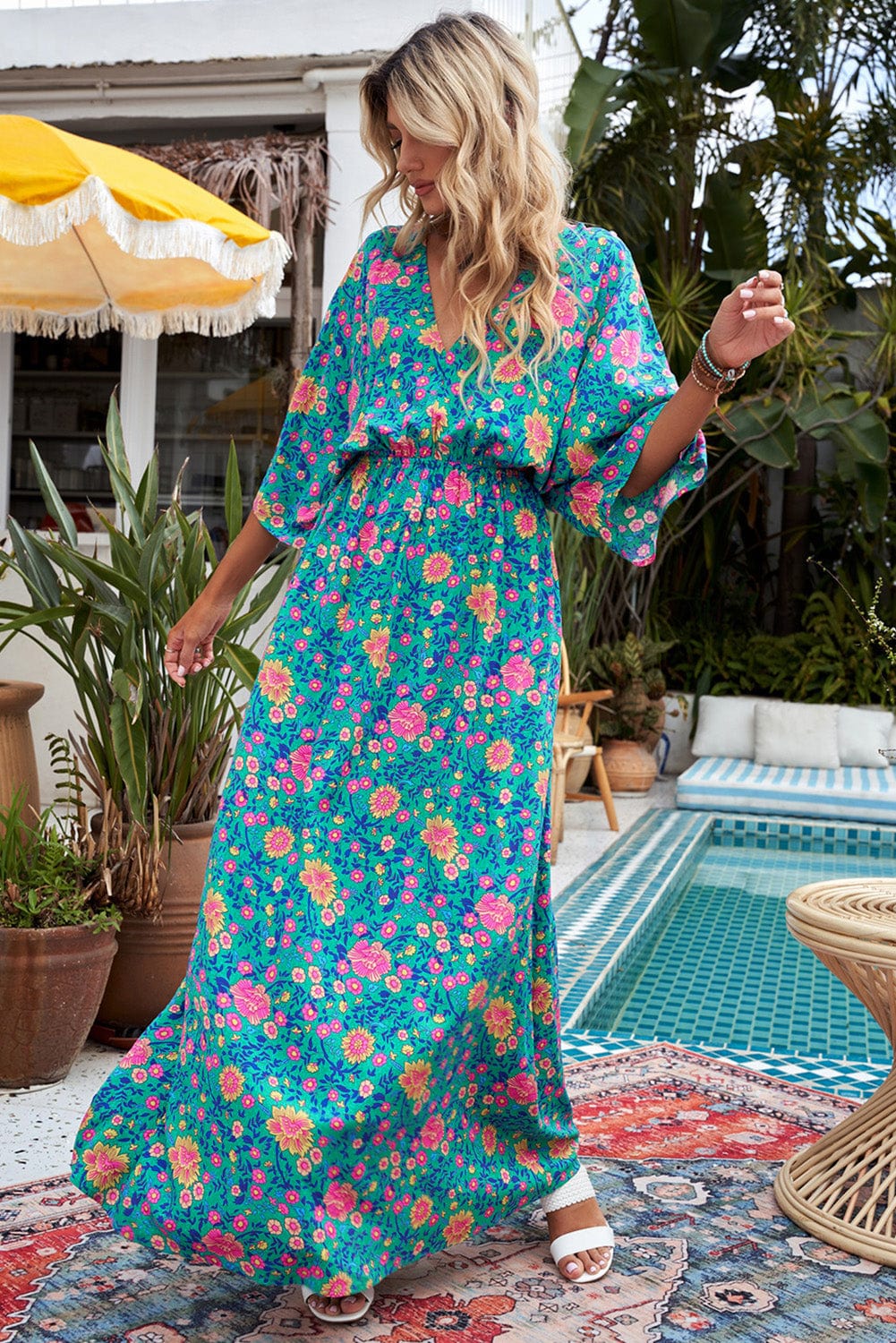 Green Boho Princess Floral Maxi Dress