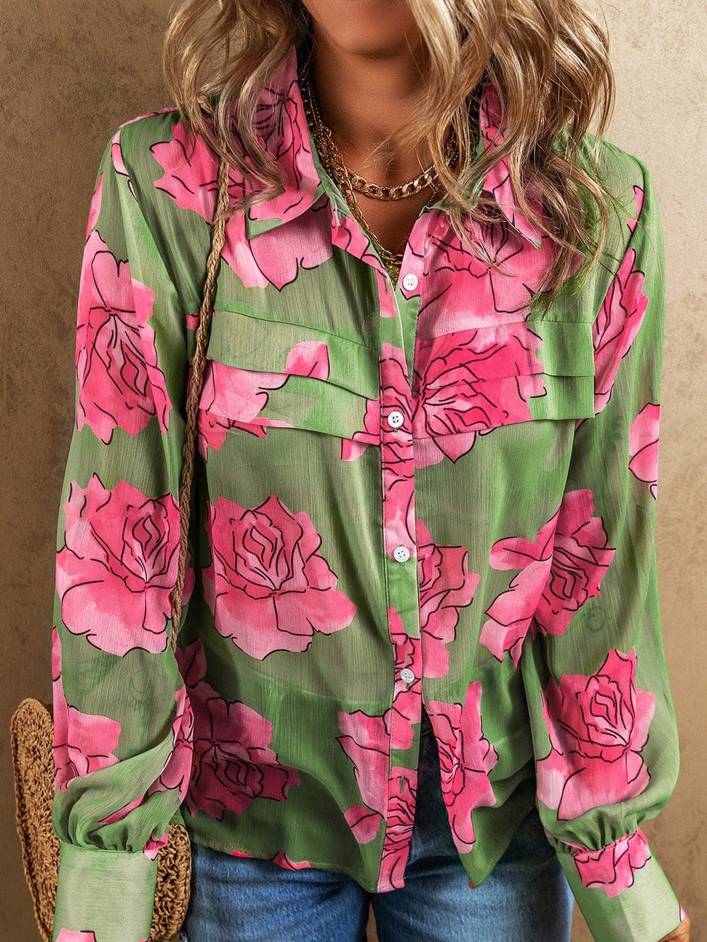 Green Botanical Blossom Pleated Accent Balloon Sleeve Blouse