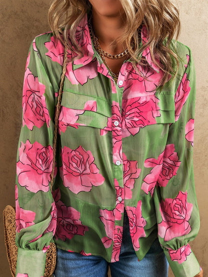 Green Botanical Blossom Pleated Accent Balloon Sleeve Blouse