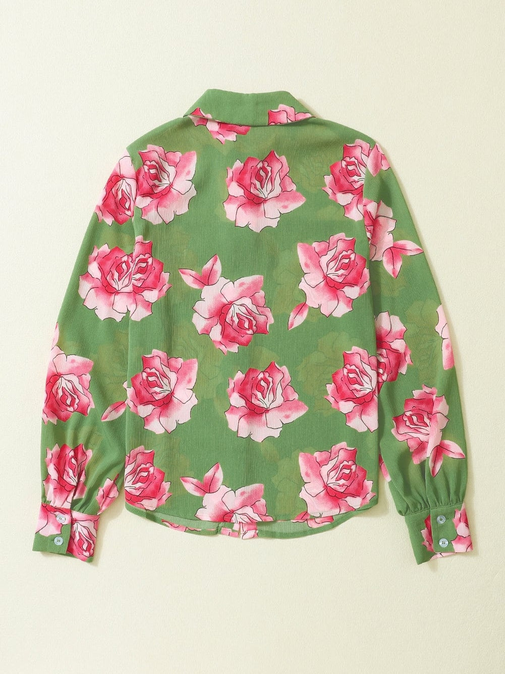 Green Botanical Blossom Pleated Accent Balloon Sleeve Blouse