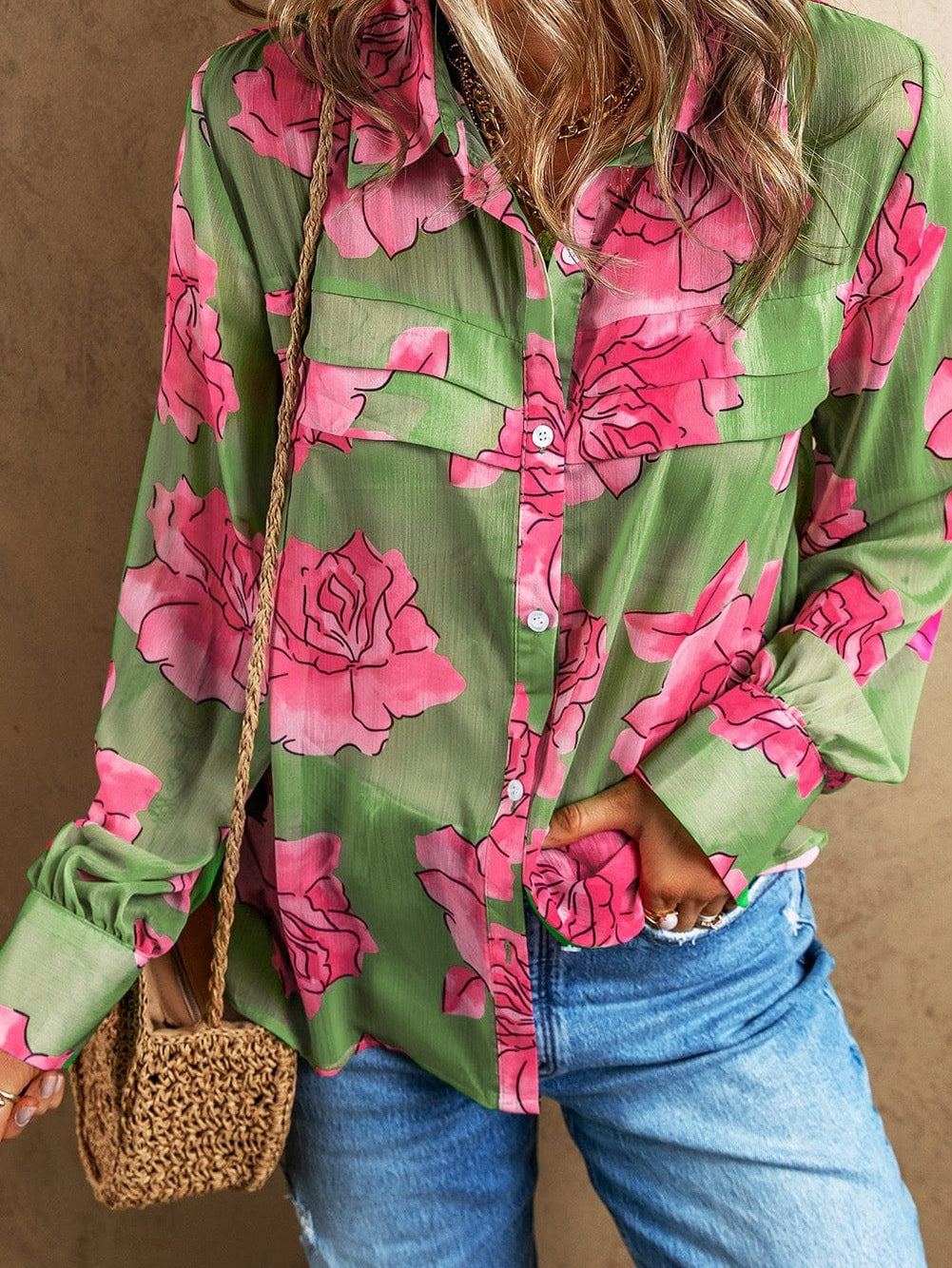 Green Botanical Blossom Pleated Accent Balloon Sleeve Blouse
