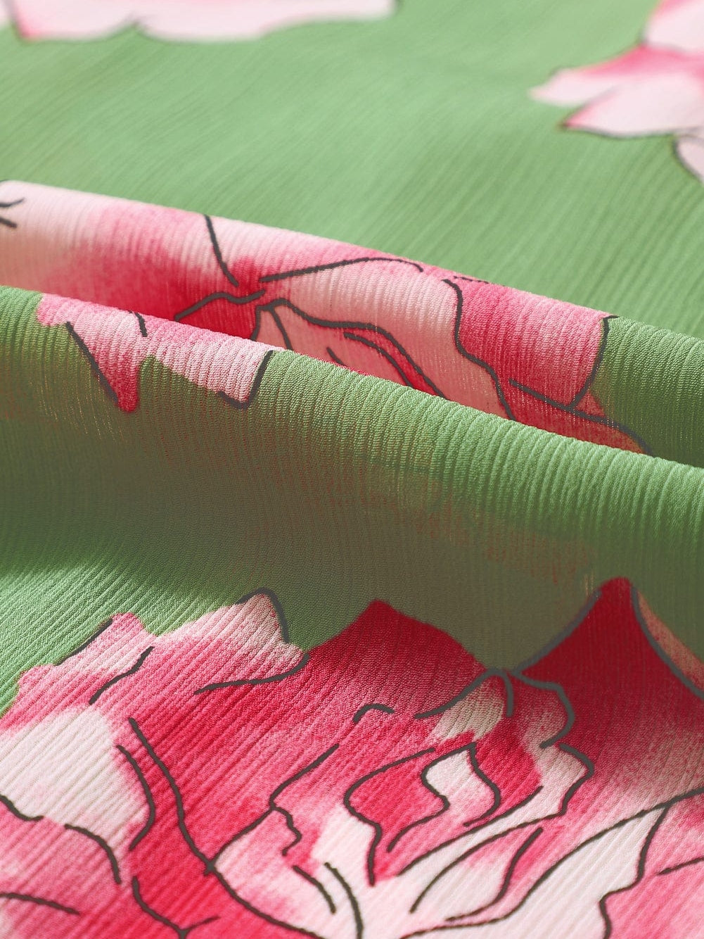 Green Botanical Blossom Pleated Accent Balloon Sleeve Blouse