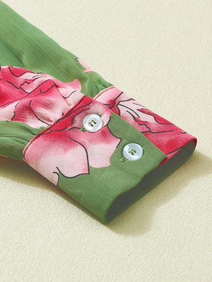 Green Botanical Blossom Pleated Accent Balloon Sleeve Blouse