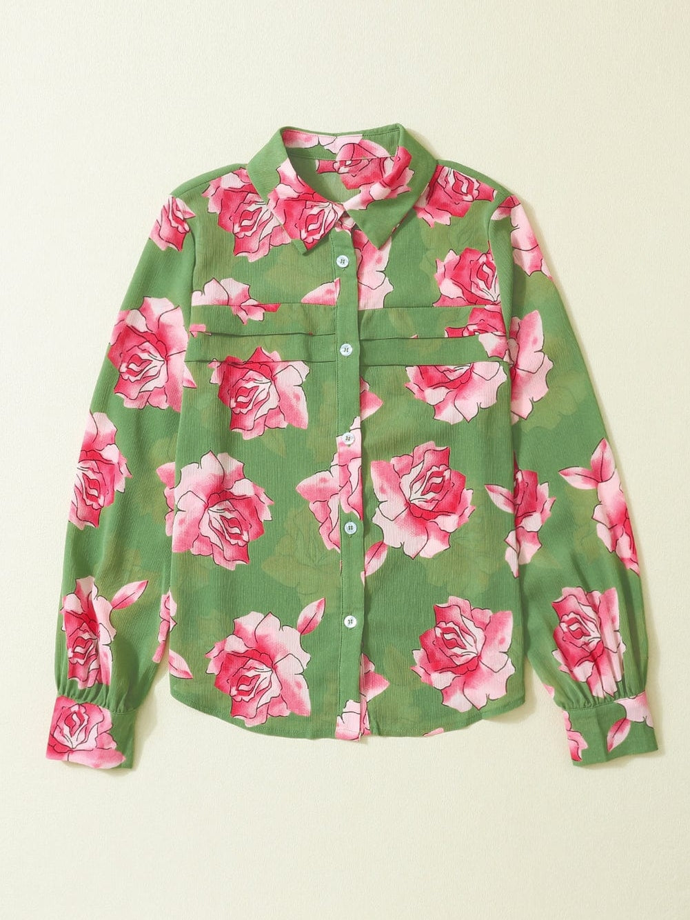 Green Botanical Blossom Pleated Accent Balloon Sleeve Blouse