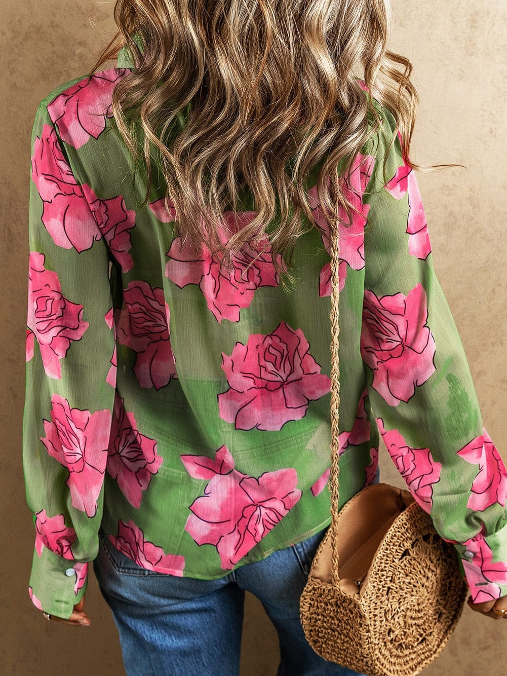Green Botanical Blossom Pleated Accent Balloon Sleeve Blouse