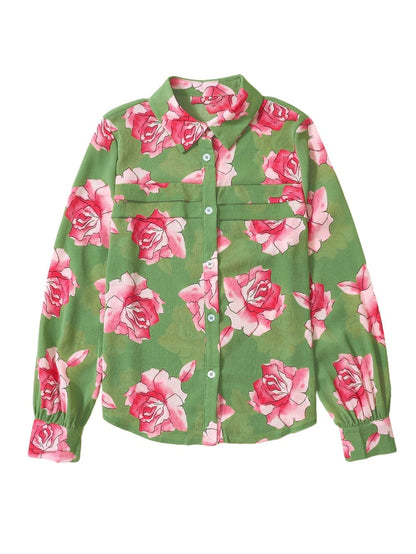 Green Botanical Blossom Pleated Accent Balloon Sleeve Blouse