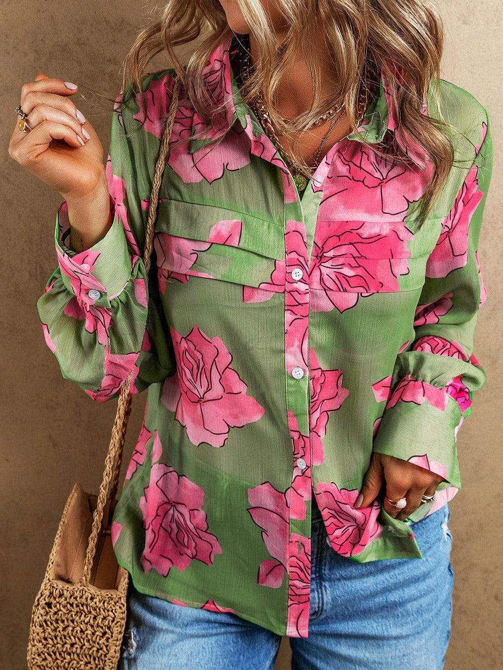 Green Botanical Blossom Pleated Accent Balloon Sleeve Blouse