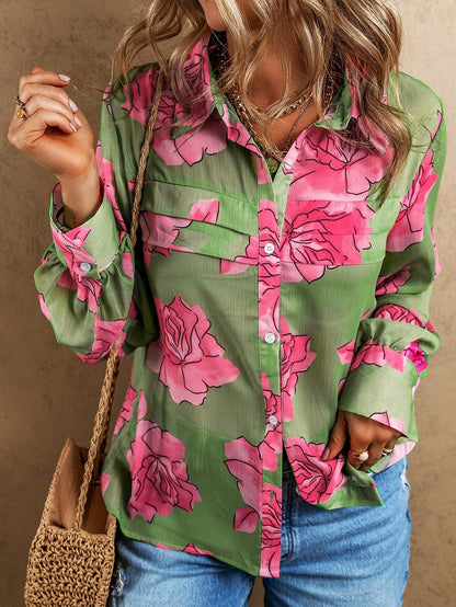 Green Botanical Blossom Pleated Accent Balloon Sleeve Blouse