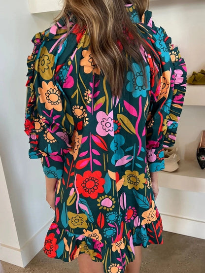 Green Botanical Print Puffed Sleeves Tiered Hem Mini Dress