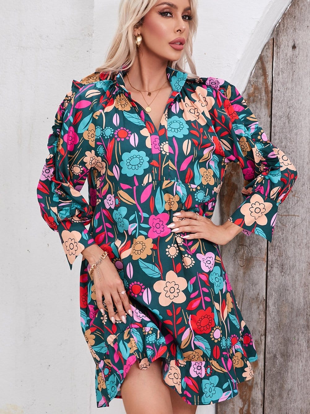 Green Botanical Print Puffed Sleeves Tiered Hem Mini Dress