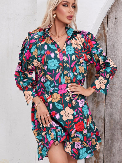 Green Botanical Print Puffed Sleeves Tiered Hem Mini Dress