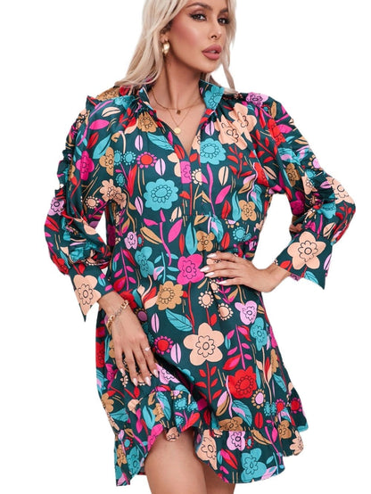 Green Botanical Print Puffed Sleeves Tiered Hem Mini Dress