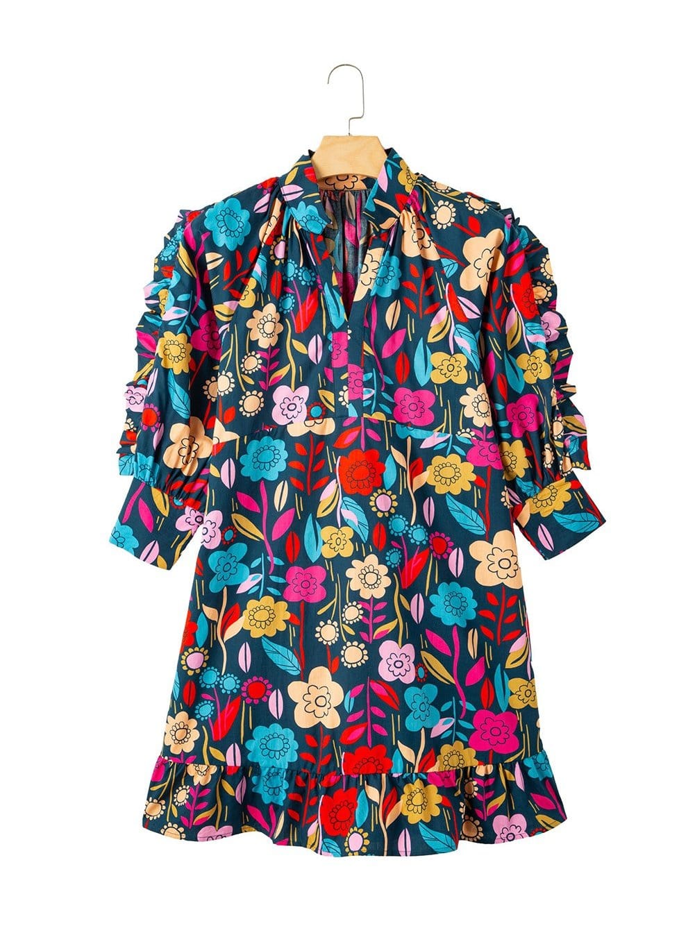 Green Botanical Print Puffed Sleeves Tiered Hem Mini Dress