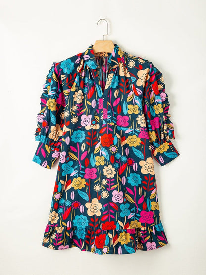 Green Botanical Print Puffed Sleeves Tiered Hem Mini Dress