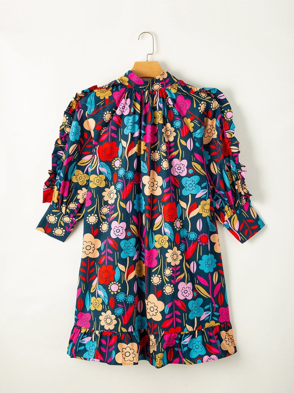 Green Botanical Print Puffed Sleeves Tiered Hem Mini Dress