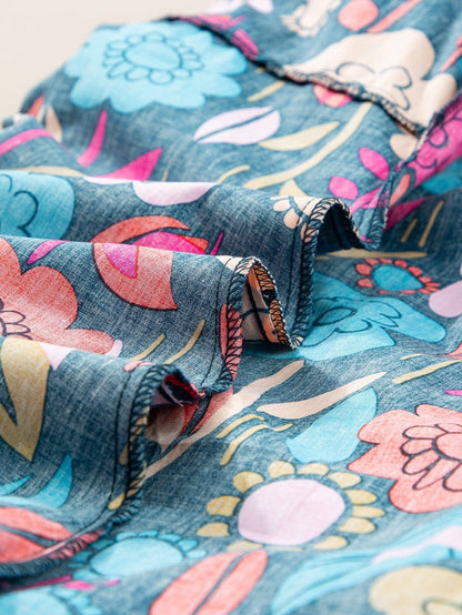 Green Botanical Print Puffed Sleeves Tiered Hem Mini Dress