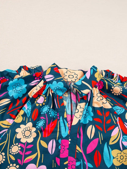 Green Botanical Print Puffed Sleeves Tiered Hem Mini Dress