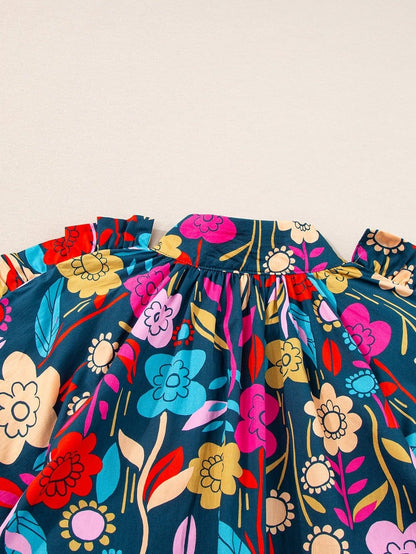 Green Botanical Print Puffed Sleeves Tiered Hem Mini Dress