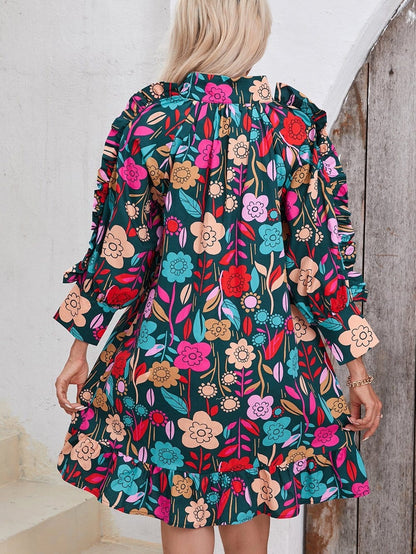 Green Botanical Print Puffed Sleeves Tiered Hem Mini Dress