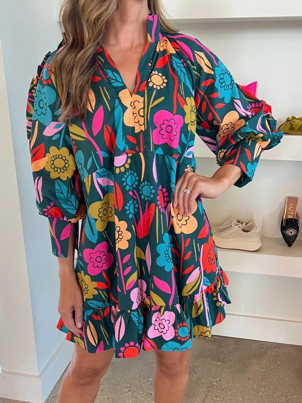 Green Botanical Print Puffed Sleeves Tiered Hem Mini Dress