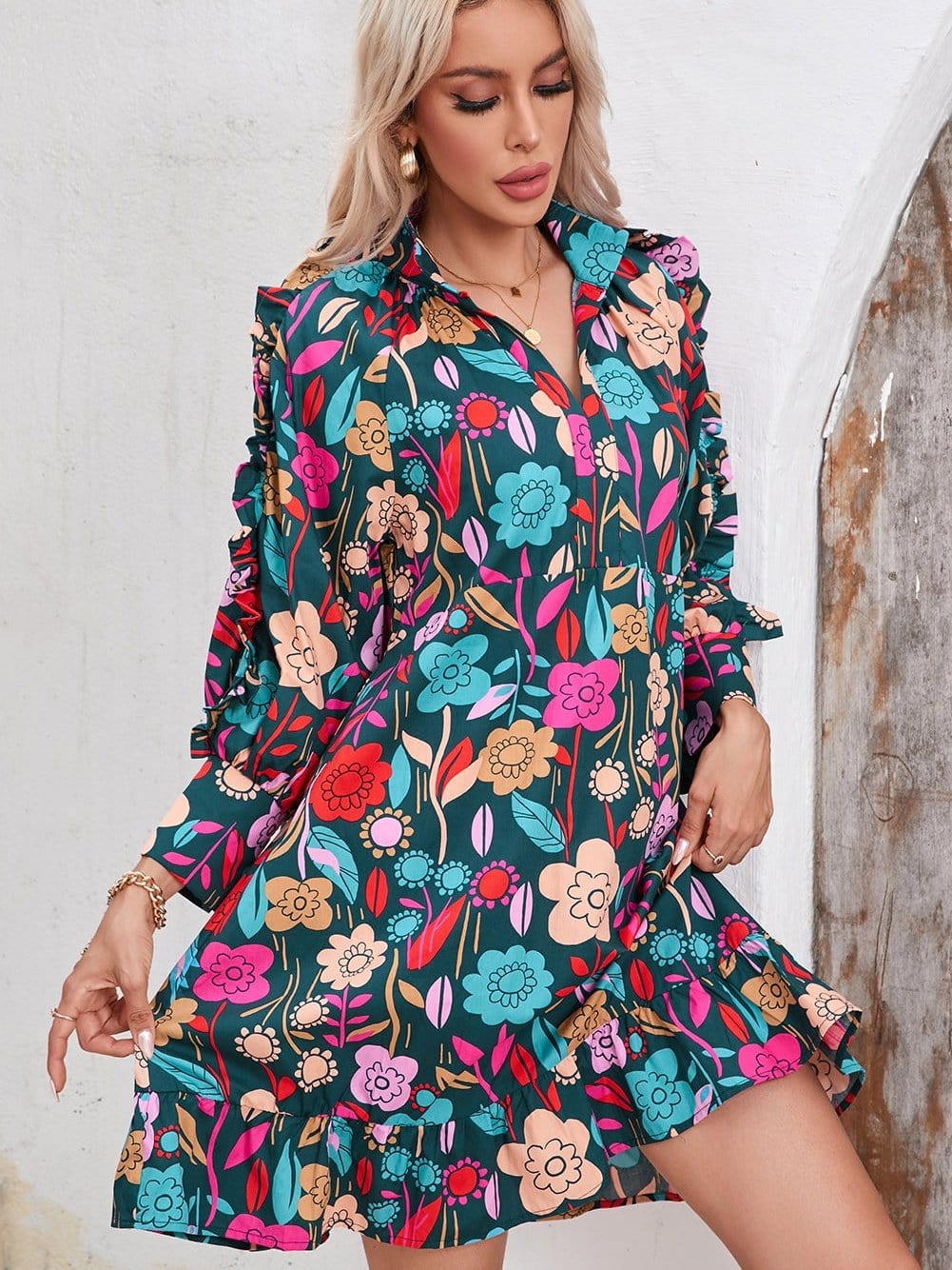 Green Botanical Print Puffed Sleeves Tiered Hem Mini Dress