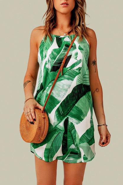 Green Botanical Print Sleeveless Mini Dress