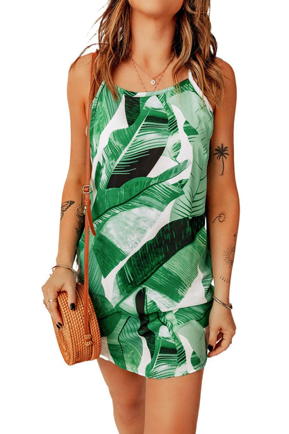 Green Botanical Print Sleeveless Mini Dress