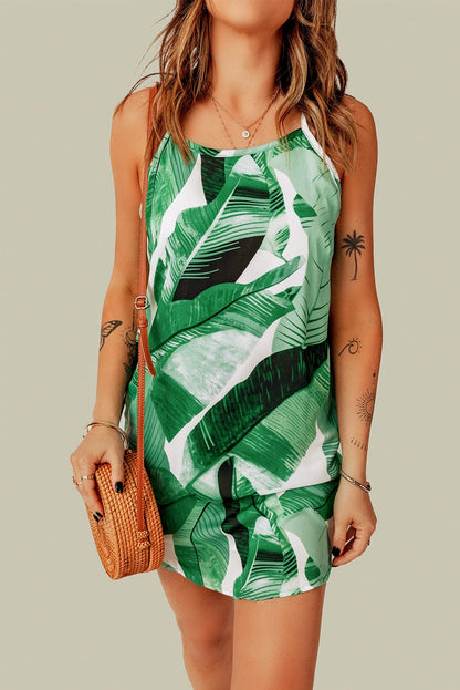 Green Botanical Print Sleeveless Mini Dress