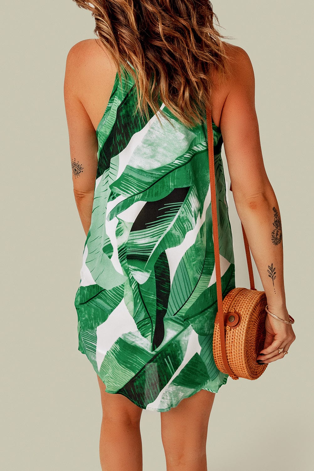 Green Botanical Print Sleeveless Mini Dress