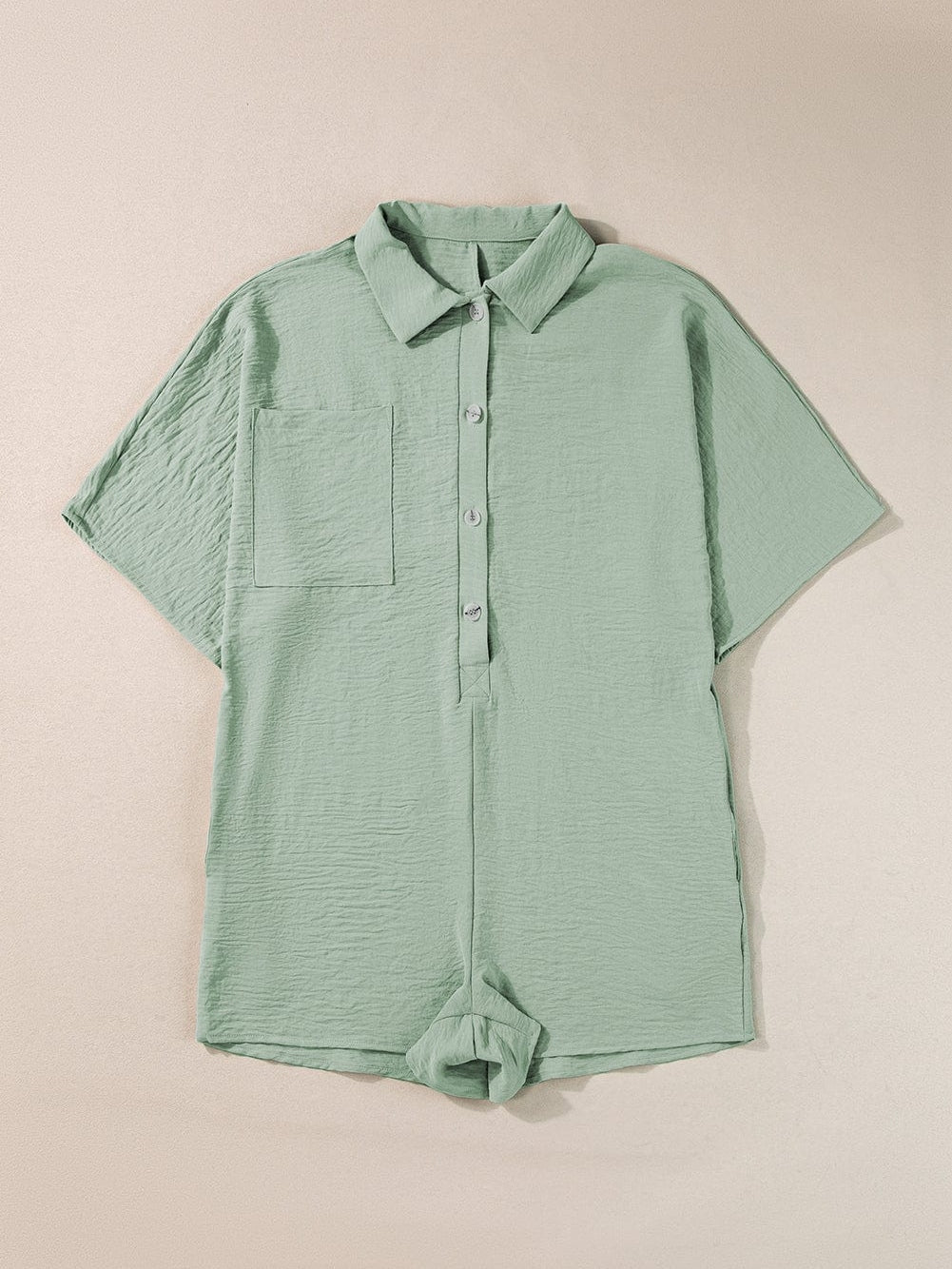 Green Button-Up Collared Romper with Pockets