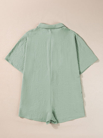 Green Button-Up Collared Romper with Pockets