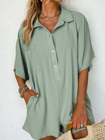 Green Button-Up Collared Romper with Pockets