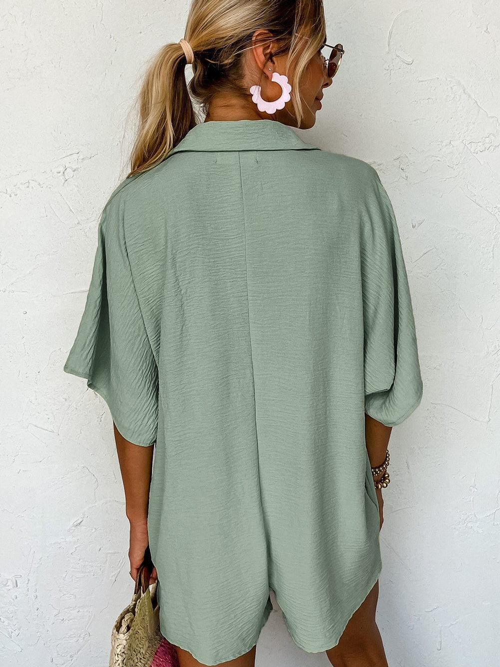Green Button-Up Collared Romper with Pockets