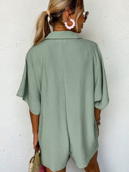 Green Button-Up Collared Romper with Pockets
