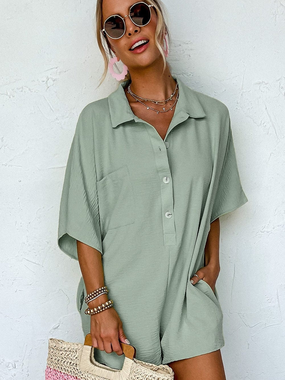 Green Button-Up Collared Romper with Pockets