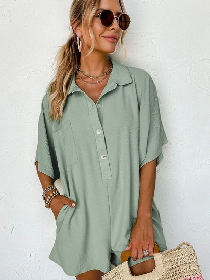 Green Button-Up Collared Romper with Pockets