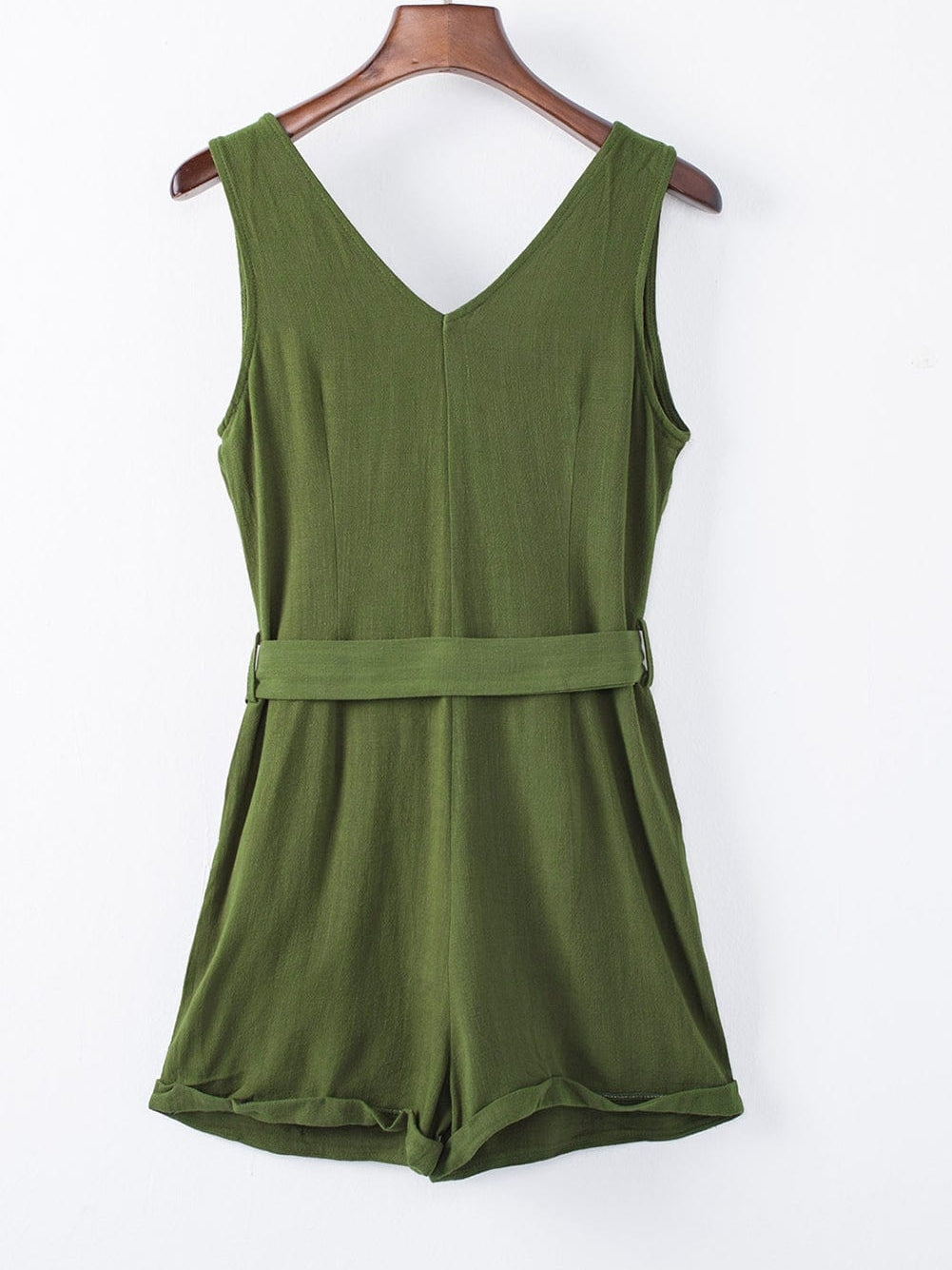 Green Button V Neck Romper with Belt
