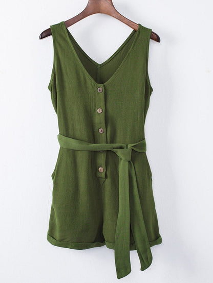 Green Button V Neck Romper with Belt