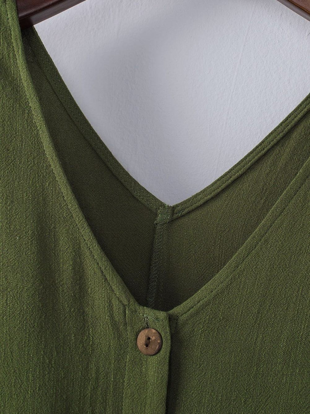 Green Button V Neck Romper with Belt